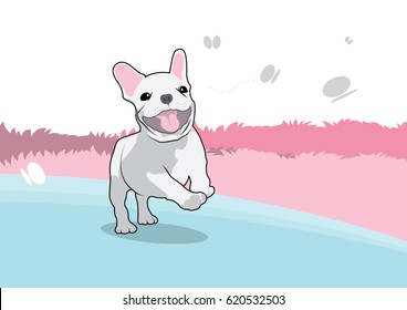 Cute French Bulldog Happy Jump. The French Bulldog is jumping in a happy mood with many butterflies.