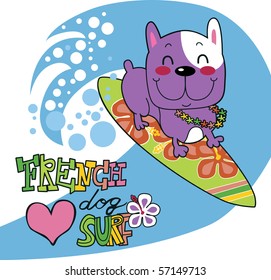 Cute french bulldog happy surfing ocean wave on surfboard with flower garland