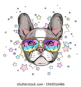 Cute french bulldog head on a background of stars. Image for printing on any surface