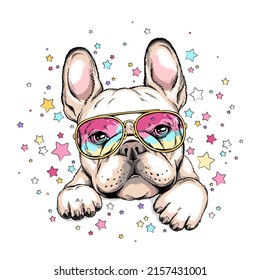 Cute french bulldog head on a background of stars. Image for printing on any surface