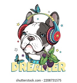 Cute french bulldog in headphones and with a sprig of blackberries in his teeth. Dog with butterflies and berries. Dreamer illustration. Stylish summer picture for printing on any surface