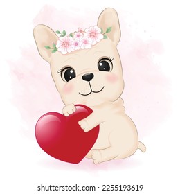 Cute French Bulldog and heart valentine's day concept illustration