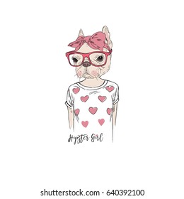 cute French bulldog hipster girl, anthropomorphic illustration