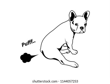 Cute French Bulldog and His Little Fart. Frenchie with the relaxed mood in the black and white logo. Vector illustration of a cute French Bulldog in a relaxed mood, captured in a black and white logo.