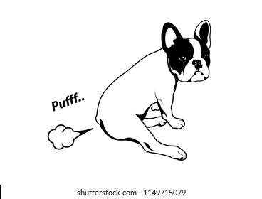 Cute French Bulldog and His Little Fart. Frenchie with the relaxed mood in the black and white logo. Vector illustration of a cute French Bulldog in a relaxed mood, captured in a black and white logo.