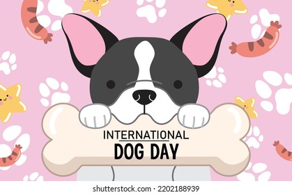 Cute french bulldog holding bone. International dog day or world dog day banner poster vector illustration.