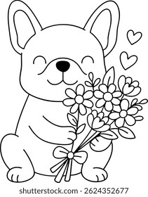 A cute French bulldog holding bouquet of flowers, radiating joy and affection