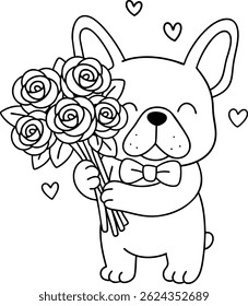 A Cute French bulldog holding bouquet of roses, expressing love and joy