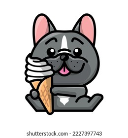 A CUTE FRENCH BULLDOG IS HOLDING A CONE OF ICE CREAM CARTOON ILLUSTRATION