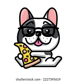 A CUTE FRENCH BULLDOG IS HOLDING A SLIICE OF PIZZA CARTOON ILLUSTRATION