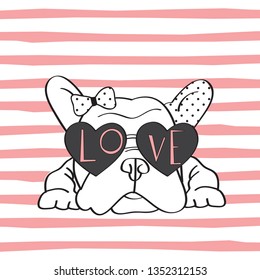 cute french bulldog with love sunglasses vector illustration