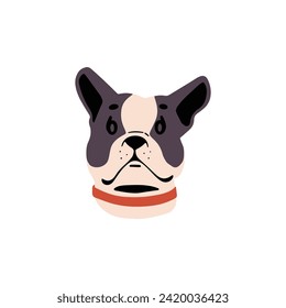 Corta boquilla de bulldog francesa. Adorable cachorro de juguete en collar. Atractivo avatar de perro de regazo. Cara divertida y pequeña. Retrato de mascotas caninas de Purebred. Ilustración vectorial aislada plana sobre fondo blanco