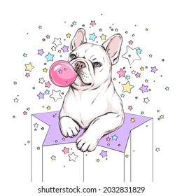 Cute french bulldog on a background of stars. Image for printing on any surface	