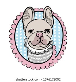 Cute french bulldog in pink frame. Illustration in cartoon style	