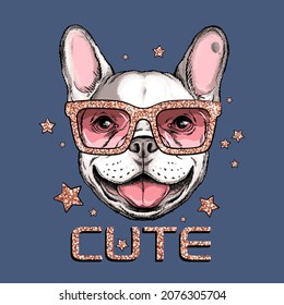 Cute french bulldog portrait. Dog in shiny sunglasses. Vector illustration. Stylish image for printing on any surface	