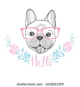 cute french bulldog princess, hand drawn graphic, animal illustration