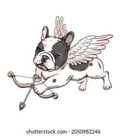 Cute french bulldog puppy with angel wings. Vector illustration in hand-drawn style. Cupid illustration. Image for printing on any surface