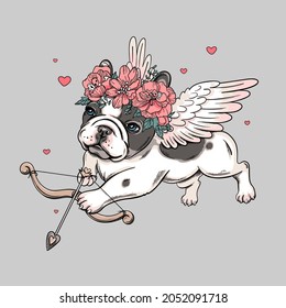 Cute french bulldog puppy with angel wings. Vector illustration in hand-drawn style. Cupid in a flower wreath. Image for printing on any surface