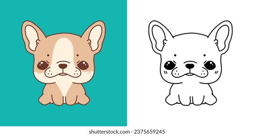 Cute French Bulldog Puppy Clipart Illustration and Black and White. Kawaii Clip Art Dog. Cute Vector Illustration of a Kawaii Pet for Stickers, Prints for Clothes, Baby Shower. 