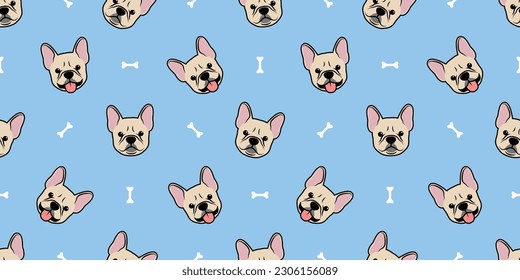 Cute french bulldog puppy cream color cartoon seamless pattern, vector illustration