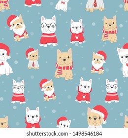 cute french bulldog puppy dog in christmas costume seamless pattern snow background