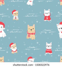 cute french bulldog puppy dog in christmas costume for christmas or new year party seamless pattern snow background