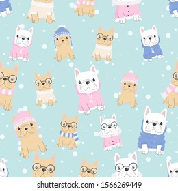 Cute French Bulldog Puppy Dog In Winter Costume Seamless Pattern Snow Background