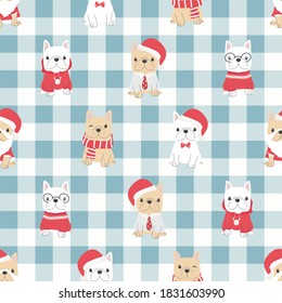 cute french bulldog puppy dog in christmas costume seamless pattern blue plaid background