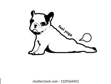 Cute French Bulldog Puppy is doing yoga stretches and then she farts easily. Vector illustration of a cute French Bulldog puppy doing yoga stretches with a playful fart twist.