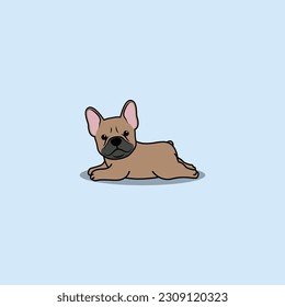 Cute french bulldog puppy fawn color lying down cartoon, vector illustration