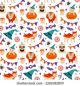 cute french bulldog puppy in halloween costume seamless pattern eps10 vectors illustration. Cats and dogs halloween seamless pattern.