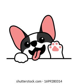 Cute french bulldog puppy waving paw cartoon, vector illustration