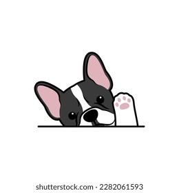 Cute french bulldog puppy waving paw cartoon, vector illustration