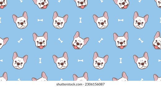 Cute french bulldog puppy white color cartoon seamless pattern, vector illustration