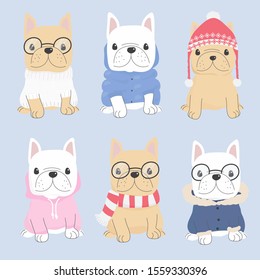 cute french bulldog puppy in winter sweater costume fashion collection eps10 vectors illustration