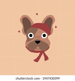 Cute french bulldog in red beret.Dog head cartoon. Funny dogs vector illustration.