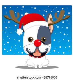 Cute french bulldog with red nose reindeer costume and Santa Claus hat