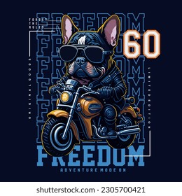 lindo bulldog francés montando una motocicleta con eslogan, ilustración vectorial