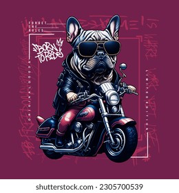 cute french bulldog riding a motorcycle with slogan, vector illustration