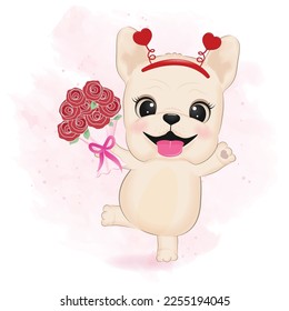 Cute French Bulldog and rose bouquet valentine's day concept illustration