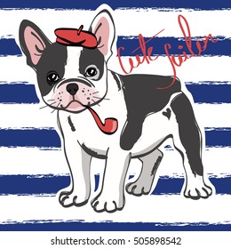 Cute french bulldog sailor on blue striped background. Vector illustration.
