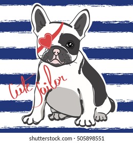 Cute french bulldog sailor on blue striped background. Vector illustration.