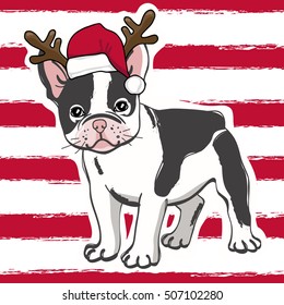 Cute french bulldog in santa hat on red striped background. Vector illustration.