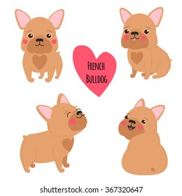 Cute French Bulldog set in different poses. Funny French Bulldog vector illustration. Portrait of a dog for decoration and design