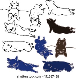Cute French Bulldog set in different poses in outline black and white style. Vector illustration of dog for decoration, design logotype, pet shops, veterinary clinics. Funny doodle illustration.