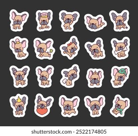 Cute French bulldog. Sticker Bookmark. Funny cartoon animal. Hand drawn style. Vector drawing. Collection of design elements.