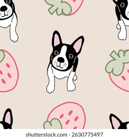 Cute French Bulldog and Strawberry Seamless Pattern – Kawaii Dog and Fruit on Pink, Yellow, Blue, Beige Background
