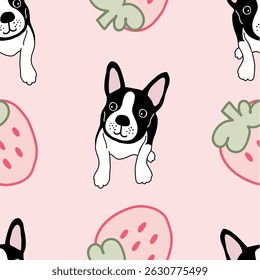 Cute French Bulldog and Strawberry Seamless Pattern – Kawaii Dog and Fruit on Pink, Yellow, Blue, Beige Background