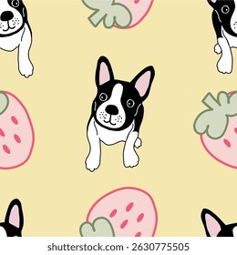 Cute French Bulldog and Strawberry Seamless Pattern – Kawaii Dog and Fruit on Pink, Yellow, Blue, Beige Background