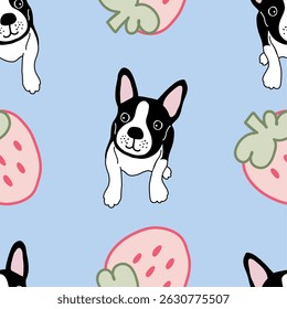 Cute French Bulldog and Strawberry Seamless Pattern – Kawaii Dog and Fruit on Pink, Yellow, Blue, Beige Background